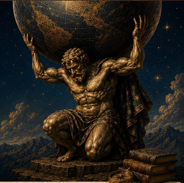 Bronze Atlas kneeling beneath a large celestial globe
